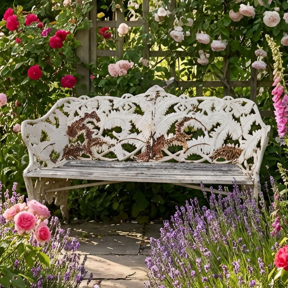 Early 20th C. Cast Iron Bench in Coalbrookdale Fern and Blackberry Pattern