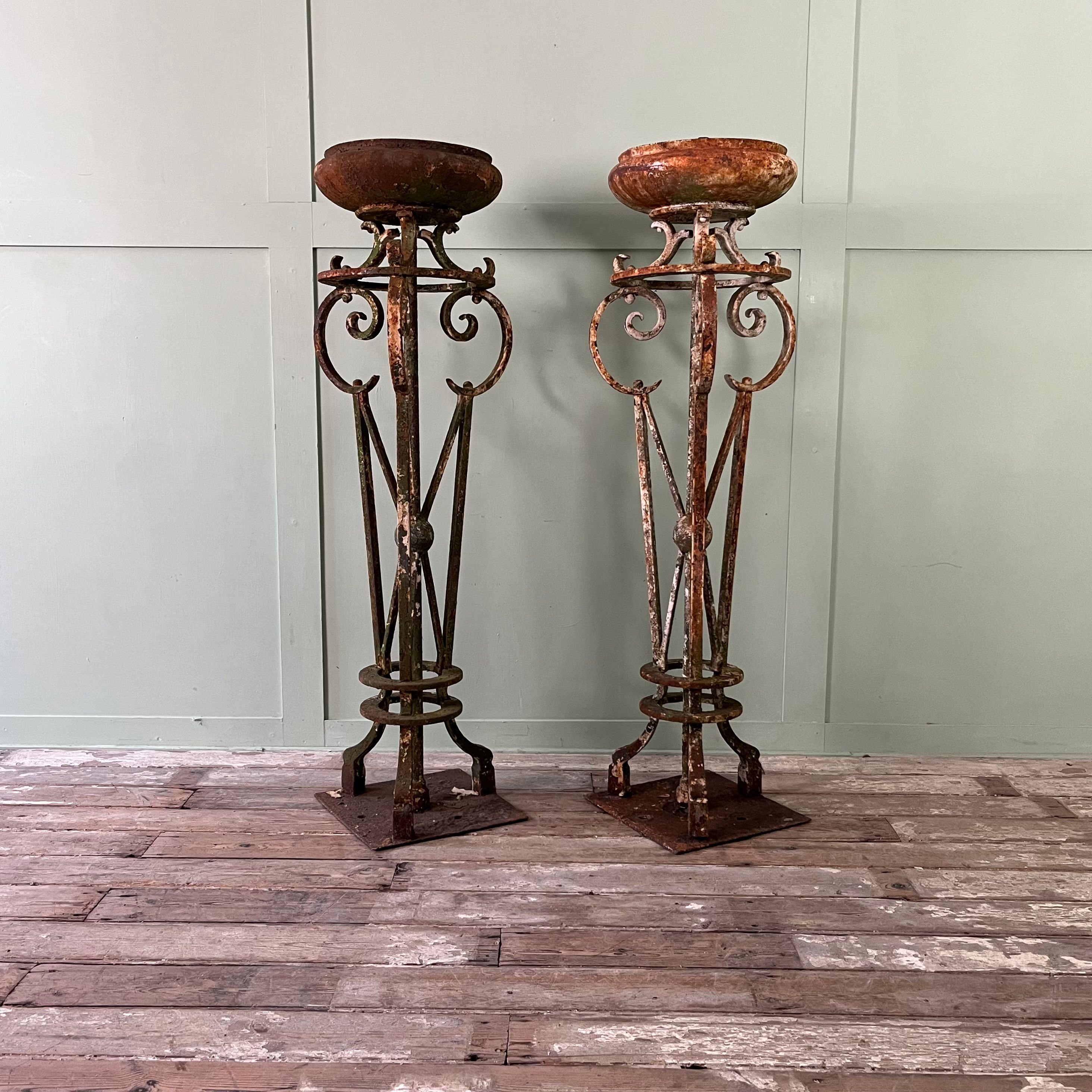 Pair of Tall Antique Victorian Wrought Iron Jardiniere Stands, Plant Stands