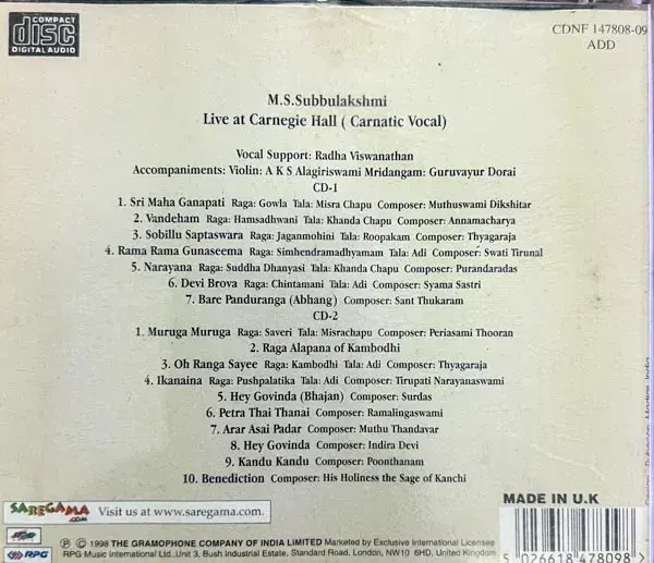 Thumbnail: M.S.Subbulakshmi-Live At Carnegie Hall audio cd-2 cd pack -Classical -Made In UK