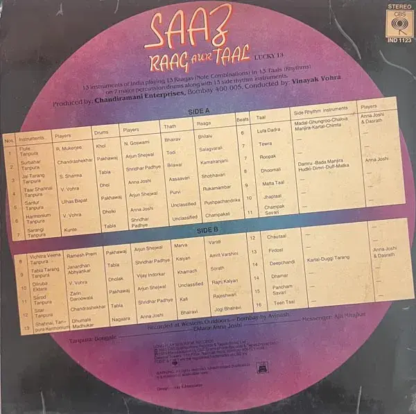 Saaz Raag Aur Taal - Lucky Vinyl LP 33.3rpm - Hindi Films Songs - CBS IND 1123