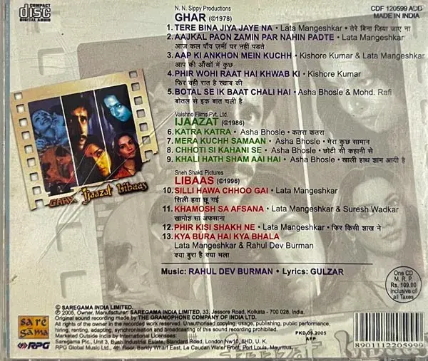 Ghar -Ijaazat - Libaas audio cd - Hindi Film Songs - Saregama CDF 120599