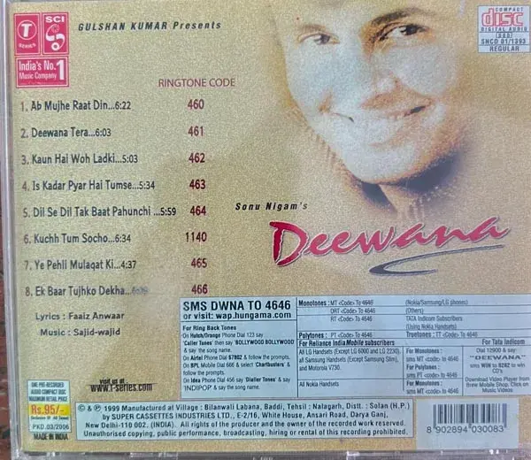 Thumbnail: Deewana Sonu Nigam audio cd-Hindi Film Song -T-Series SNCD 01/1393