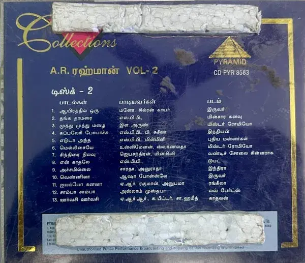 Golden Collection Of A.R.Rahman Vol.2 Disc2 audio cd -Tamil Film Songs -Pyramid