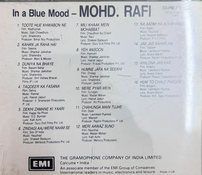 In a Blue Mood Mohd.Rafi audio cd- Hindi Film songs - EMI CD PMLP 5143 England