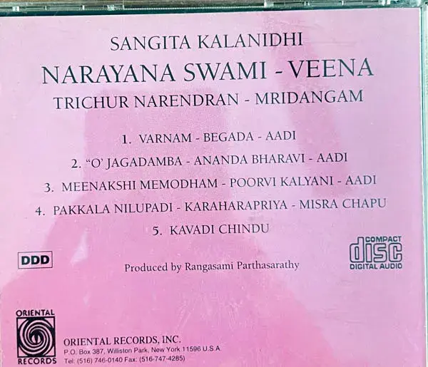 Sangita kalanidhi & Narayana Swami - Veena audio cd - Classical-Made In USA
