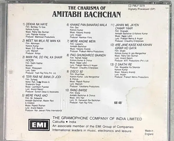 The Charisma Of Amitabh Bachchan audio cd - Hindi FilmSongs -EMI Made In England