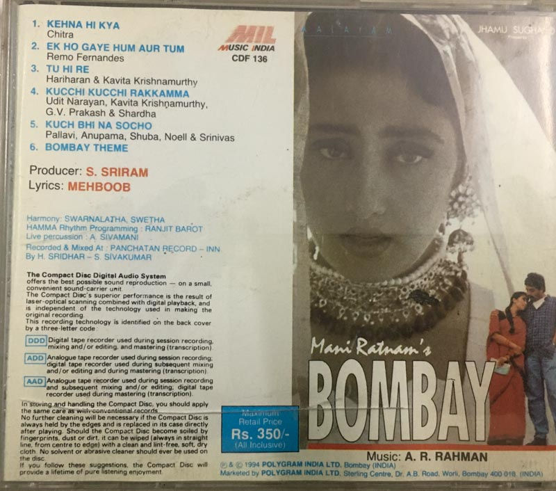 Bombay by A R Rahman audio cd - Hindi Film Songs - Music India CD 136