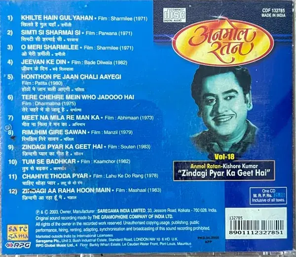 Zindagi Pyar Ka Geet Hai Audio Cd - Hindi Film Songs - Saregama CDF 132785 ADD