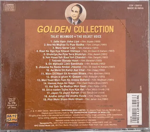 Talat Mehmood - The Velvet Voice audio cd - Hindi film Songs-Saregama CDF 136018