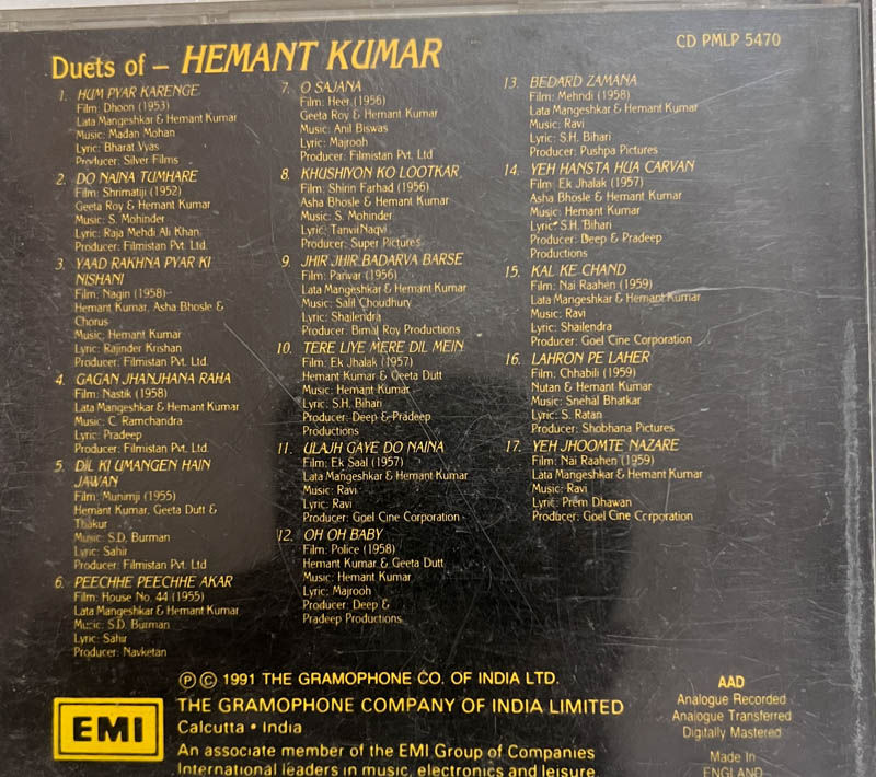 Thumbnail: Duets of Hemant Kumar audio cd - Hindi Songs - EMI CD PMLP 5470