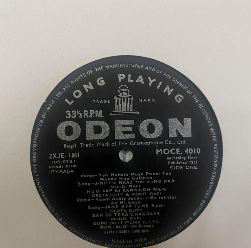 Pyaasa Vinyl Record LP 33.3 RPM -Hindi Film Songs - Odeon 4010
