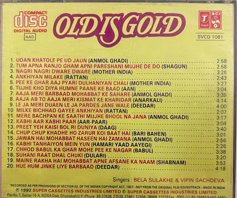 Thumbnail: Old Is Gold audio cd - Hindi film Songs - T Series  SVCD 1081