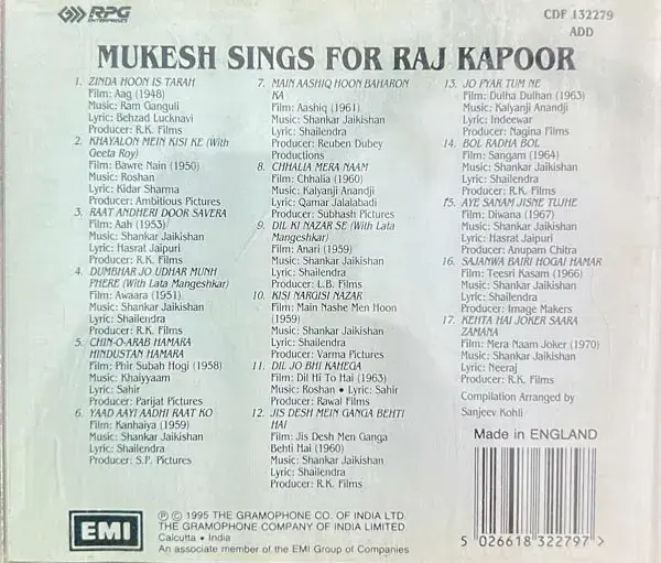 Thumbnail: Mukesh Sings For Raj Kapoor  audio cd - Hindi Film Songs - EMI CDF132279