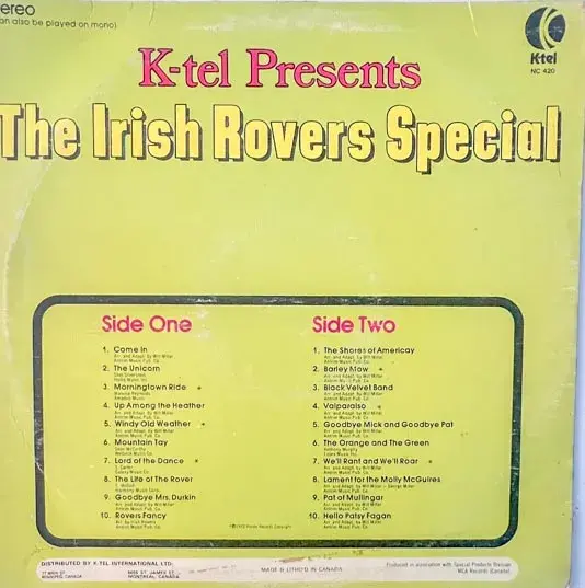 The Irish Rovers Special Vinyl LP Record  33.3 rpm - English Songs -K-tel NC 420