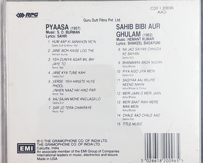 Pyaasa and Sahib Bibi Aur Ghulam  cd- Hindi Film Songs -EMI CDF 120096 USA