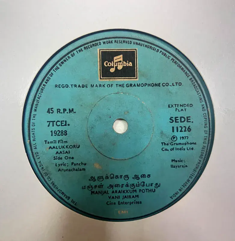 Aalukkoru Aasai Vinyl EP 45rpm - Tamil Film Song - Columbia SEDE 11226