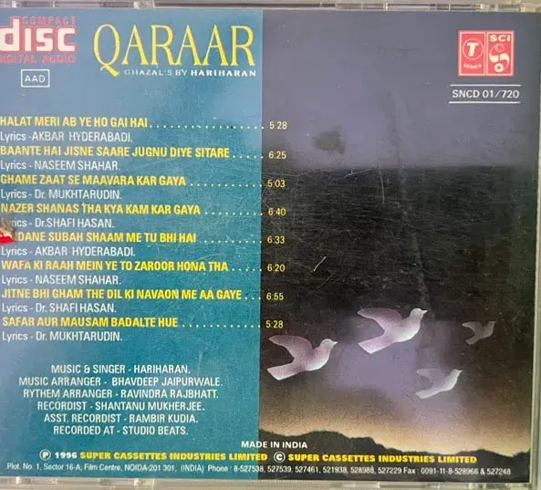 Ghazal's By Hariharan audio cd - Ghazals - T Series SNCD 01/720