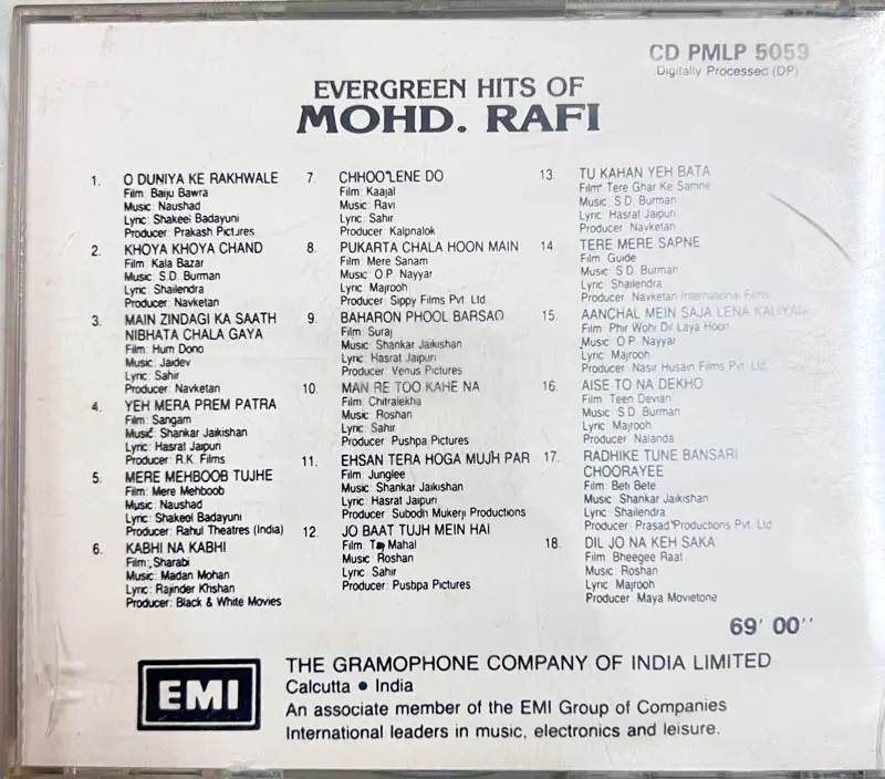 Evergreen Hits of Mohd. Rafi audio cd- Hindi Film songs - EMI CD PMLP5059 England