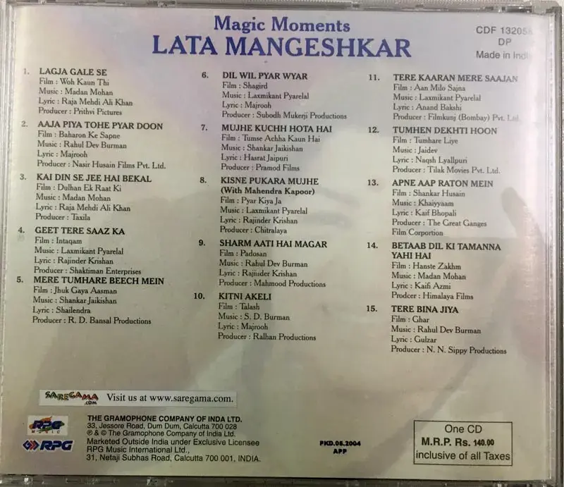 Thumbnail: Magic Moments Lata Mangeshkar  audio cd - Hindi Film Songs - RPG