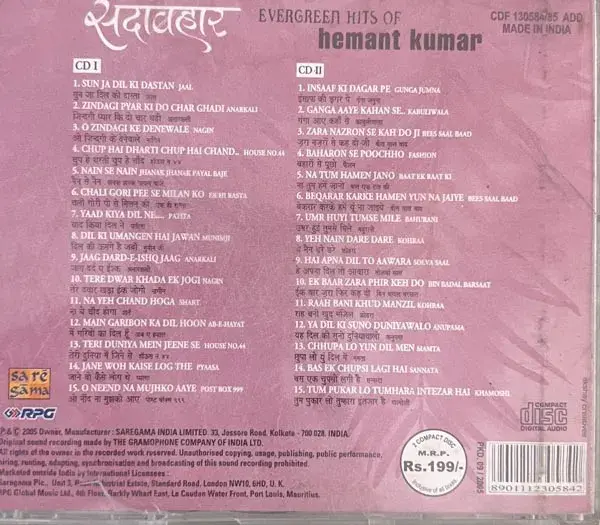 Evergreen Hits Of - Hemant Kumar audio cd - 2 cd Pack-Hindi Film Songs-Saregama