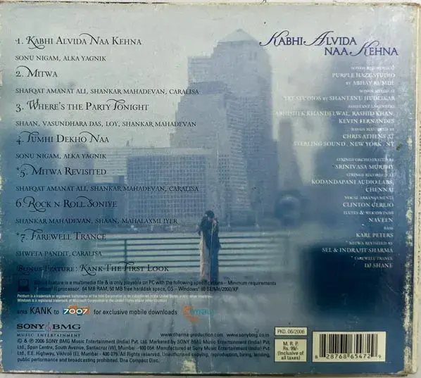 Thumbnail: Kabhi Alvida Naa Kehna audio cd - Hindi Film Songs - Sony BMG 82876 86547 2