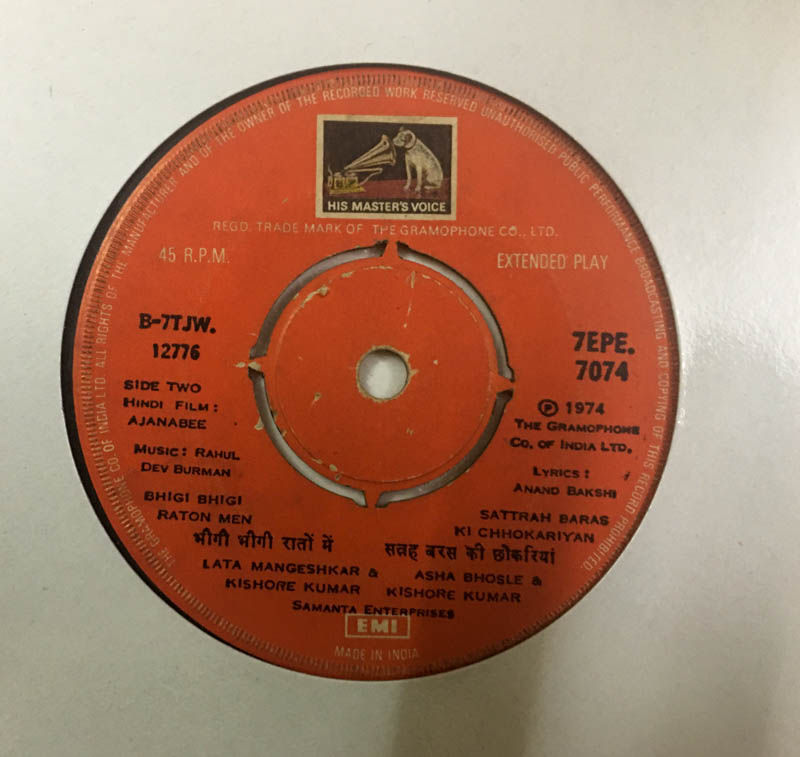 Ajanabee Vinyl Record EP 45 rpm- Hindi Film Songs - HMV 7EPE 7074