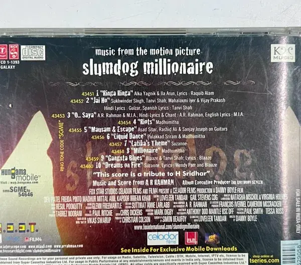 Slumdog Milionaire audio cd - Hindi Film Songs - T Series SFCD 1-1393
