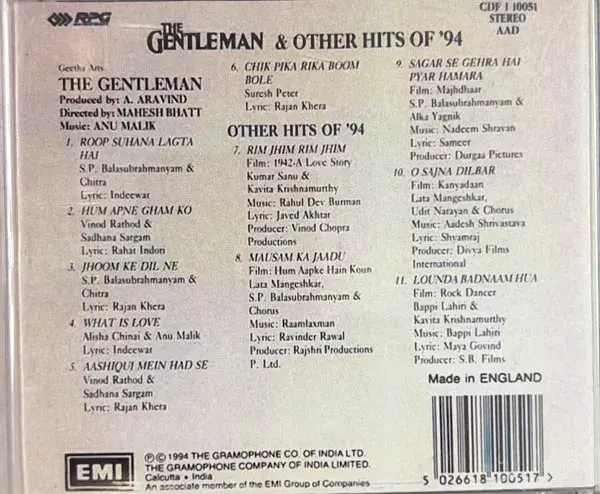 The Gentleman & other Hits of 94 audio cd -Hindi Film Songs - EMI England