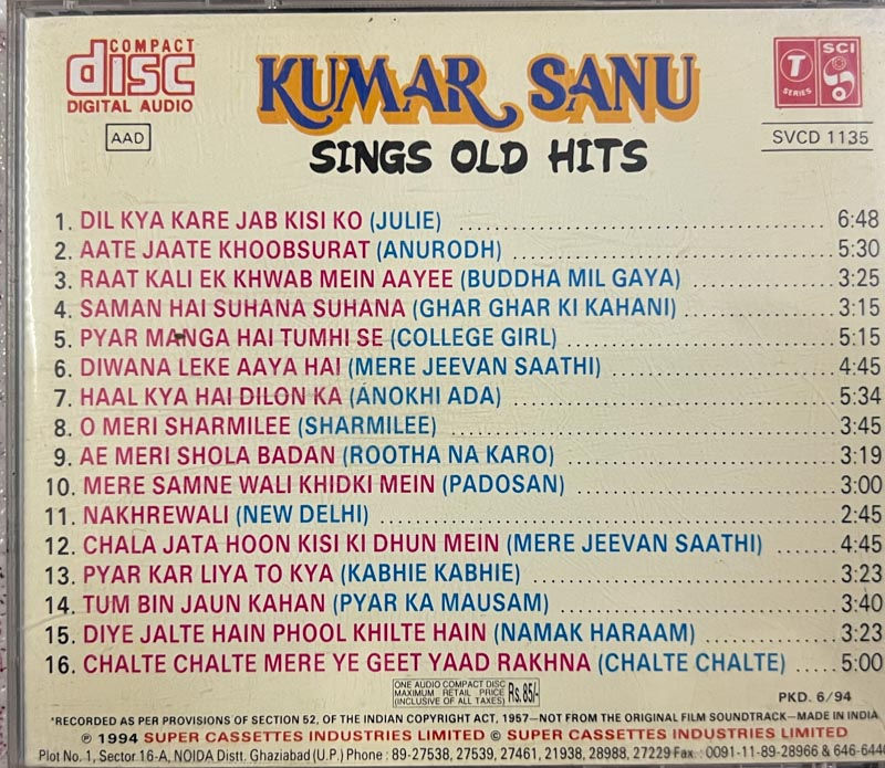 Kumar Sanu Sings Old Hits audio  cd - Hindi Film Songs - T Series SVCD 1135