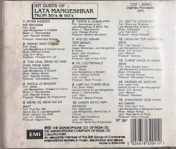Hits Duets Of Late Mangeshkar audio cd - Hindi Film Songs - EMI Made In England