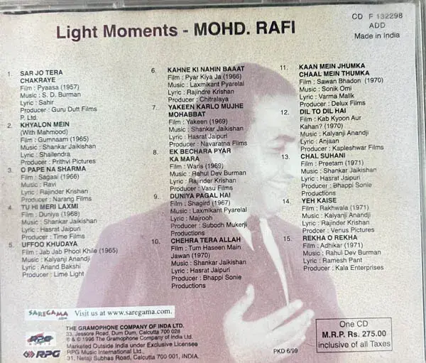Thumbnail: Light Moments -Mohd Rafi audio cd - Hindi Film Songs - Saregama CDF 132298