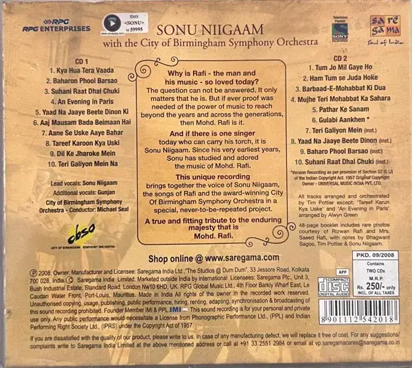 Sonu Niigaam With The CBSO audio cd  - 2 cd Pack -Hindi Film Songs - Saregama