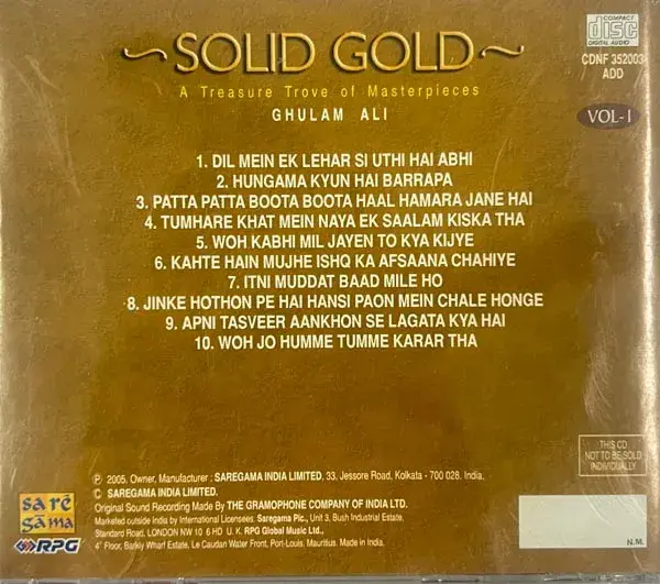 Sold Gold Ghulam Ali Vol-1 audio cd - Hindi Film Songs - Saregama CDNF 352003