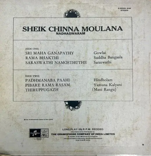 Sheik Chinna Moulana Vinyl  33.3 RPM - Classical - Columbia S/33ESX 6104