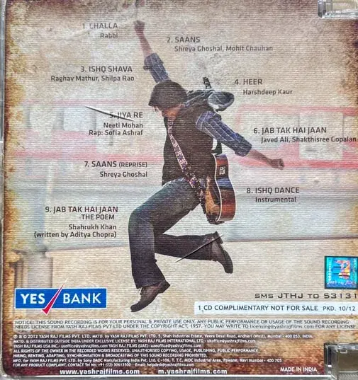 Jab Tak Hai Jaan  audio cd - Hindi Film Songs - Yash Raj Film YEM CD 99000