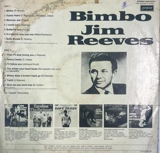 Jim Reeves - Bimbo LP33.3rpm Vinyl  - English Songs - London 6454 800