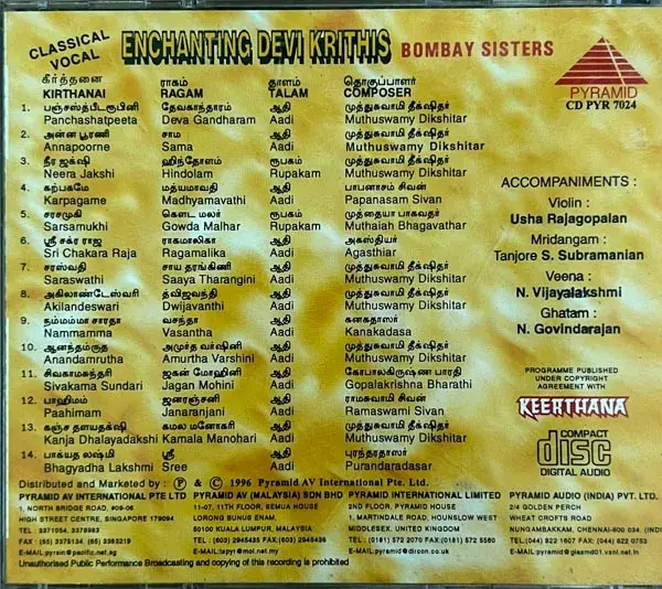 Enchanting Devi Krithis - Bombay Sisters audio cd -Classical-Pyramid CD PYR 7024