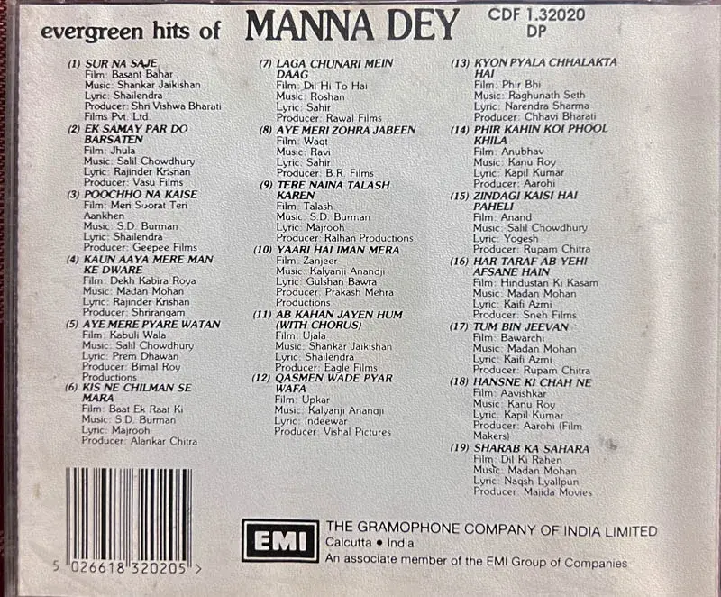 Evergreen hits of Manna Dey audio cd - Hindi Film Songs - EMI Made in England