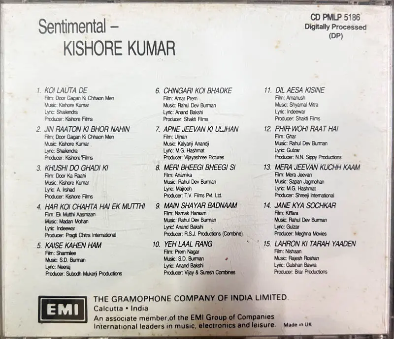 Sentimental Kishore Kumar audio CD -  Hindi Film songs - EMI CD PMLP 5186