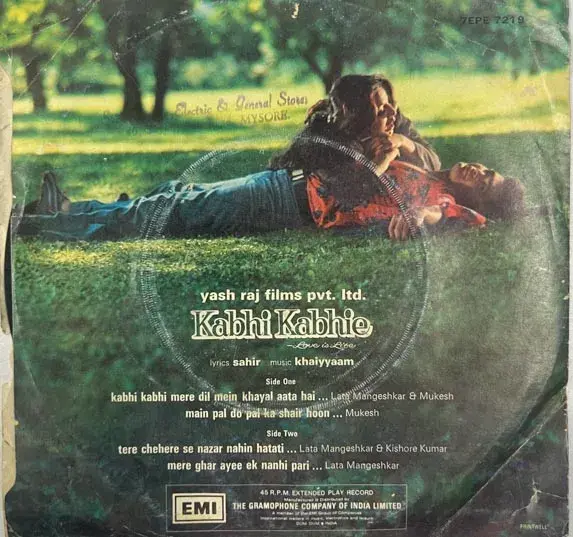 Kabhi Kabhie Vinyl Record EP 45 rpm - Hindi Film Songs - HMV 7EPE 7219