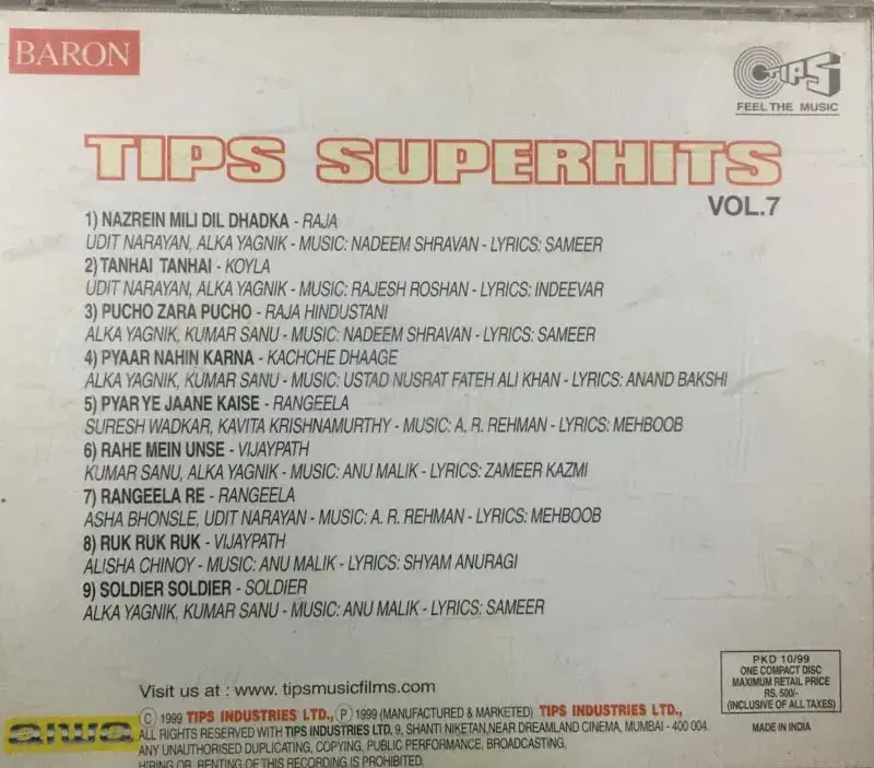 Thumbnail: Tips Superhits Vol.7 audio cd - Hindi Film Songs -Tips Baron TCCD 6207