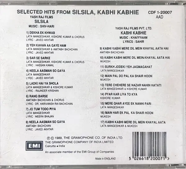 Kabhi Kabhie -Silsila audio cd- Hindi Film songs-EMI CDF 1 20007 Made In England