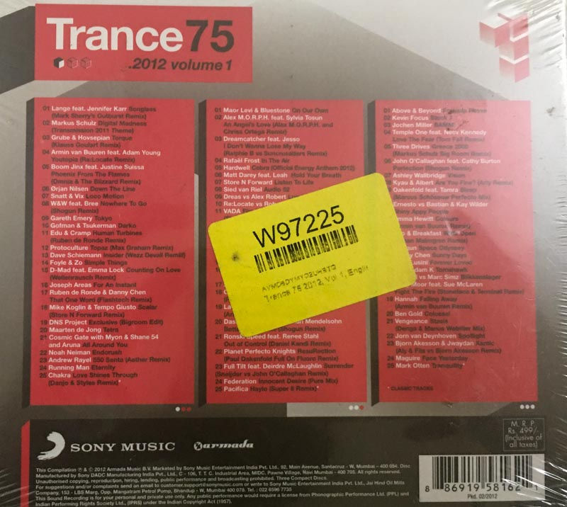 Thumbnail: Trance 75 .2012 Volume-1 audio cd - 2 cd Pack-English Songs -Sealed - Sony Music