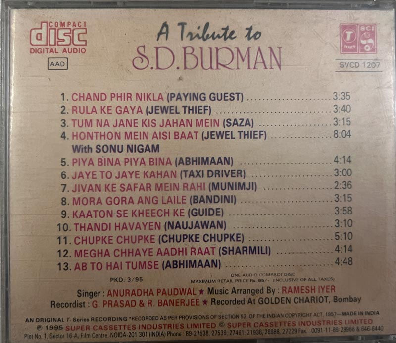 Thumbnail: A Tribute to S D Burman  Audio Cd - Hindi Film Songs - T Series SVCD 1207