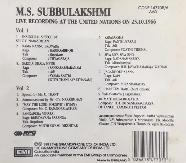 M.S.Subbulakshmi Live at UN on 23.10.66 Vol 1&2 audio cd - 2 cd Pack - EMI