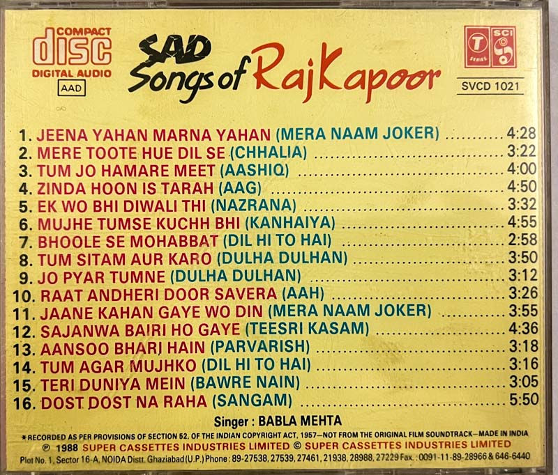 Thumbnail: Sad Songs of Rajkumar audio cd -  Made in Korea -T Series SVCD 1021