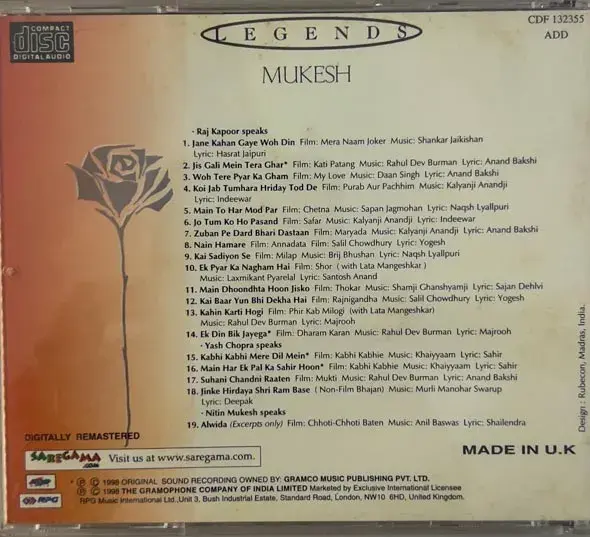 Thumbnail: Legends - Mukesh audio cd - 5 cd pack - Hindi Film Songs -Saregama Made In UK