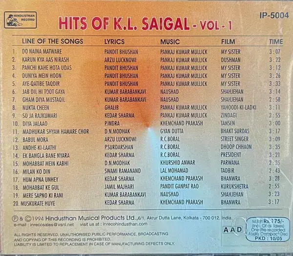 Hit Of K.L.Saigal - Vol-1 audio cd - Hindi Film Songs - Saregama IP-5004