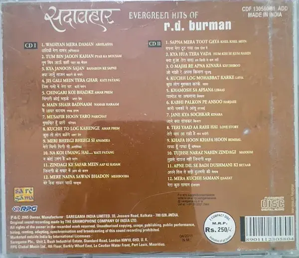 Evergreen Hits Of R.D.Burman audio cd - 2 cd pack - Hindi Film Songs - Saregama