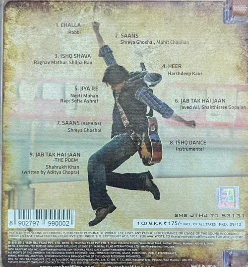 Jab Tak Hai Jaan audio cd - Hindi Film Songs -YRM CD 99000